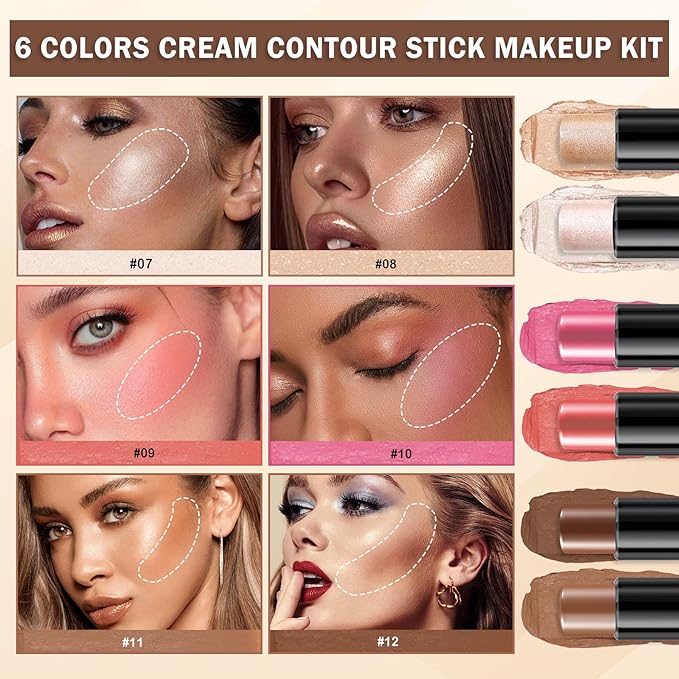 6 Colors Cream Contour Stick Makeup Kit,Double-ended Cream Bronzer,Highlighter,Blush Stick,Lightweight Contour Makeup Kit for Sculpt the Cheeks,Waterproof Contorno Maquillaje - Set C
