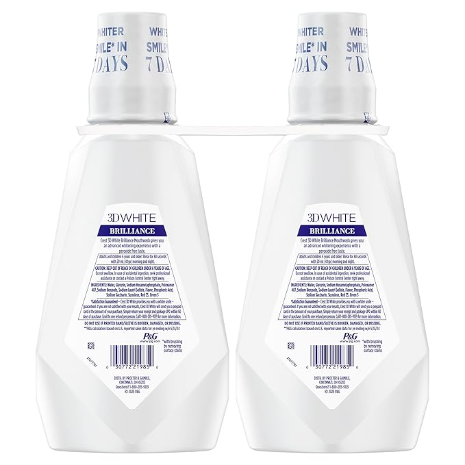 Crest Mouthwash/Mouth Rinse, 3D White Brilliance Whitening, Alcohol Free, Clean Mint, 2x1L (33.8 fl oz)