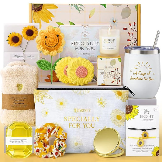 Briney 13Pcs Birthday Gifts for Women, Care Package for Women, Gift Basket, Unique Relaxing Sunflower Themed Present for Mom Wife Sister Best Friend, Yellow