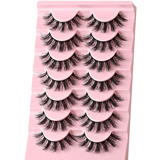 FARRED Fluffy Lashes Natural Eyelashes Short Wispy Eye Lash Strips 7 Pairs Separated Volume Eyelash Pack 16mm Dramatic Wispies Fake Strip Lashes Clusters Cat Eye Pestañas Spiky Look (A17 | 9-16MM)