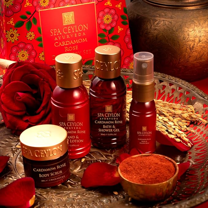 Spa Ceylon Cardamom Rose Discovery Set | Mind & Body Care Travel Size Set for All Skin Types |Body & Pillow Mist |Bath & Shower Gel | Hand & Body Lotion | Body Scrub