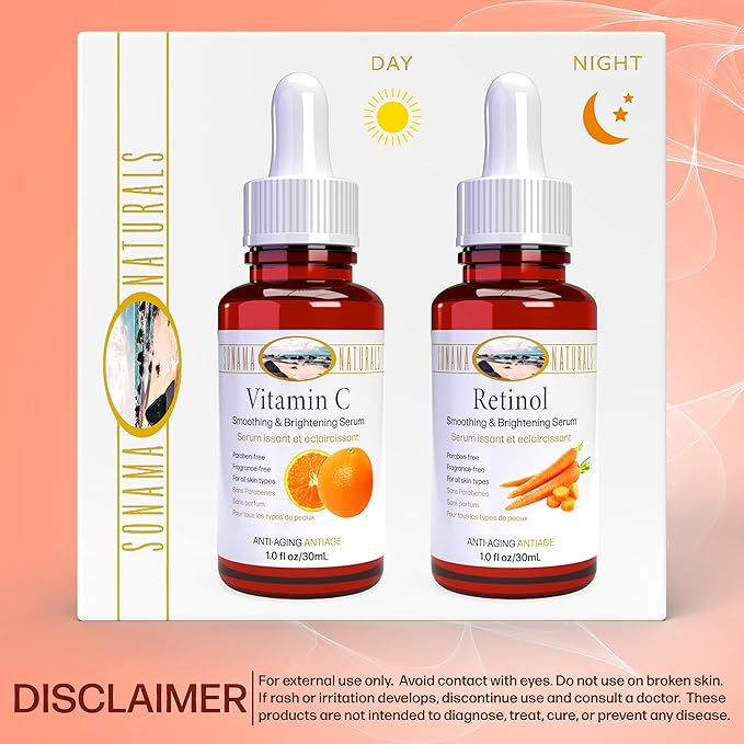 Vitamin C and Retinol Serum for Face, 1 oz. two-pack | Day & Night Kit | Smoothing Natural Anti-Aging Formula | Facial Serum for All Skin