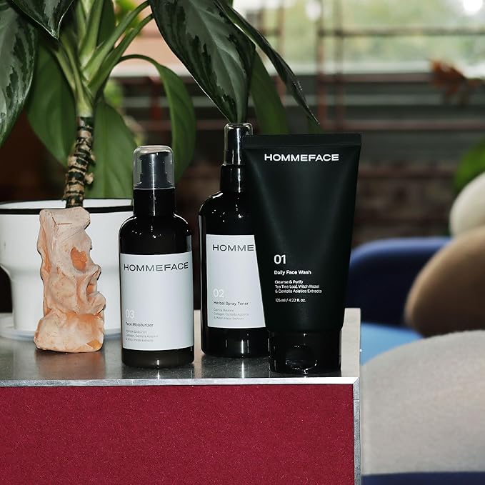 HommeFace Men’s Daily Trio 3-Step Daily Routine Set with Face Wash, Herbal Spray Toner & Moisturizer - Korean Skincare Technology with CICA, Tea Tree Leaf & Witch Hazel Extracts, for All Skin Types