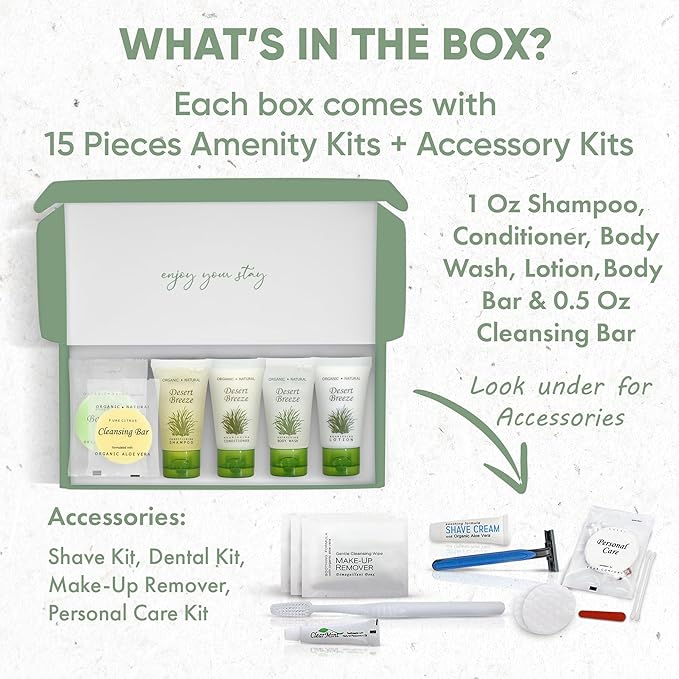 Desert Breeze Amenity & Accessory Kit | 1 oz Shampoo, Conditioner, Lotion, Body Wash, Body Bar, Cleansing Bar, Shave & Dental Sets, Make-Up Wipes, Vanity Kit | 15 Sets per Case