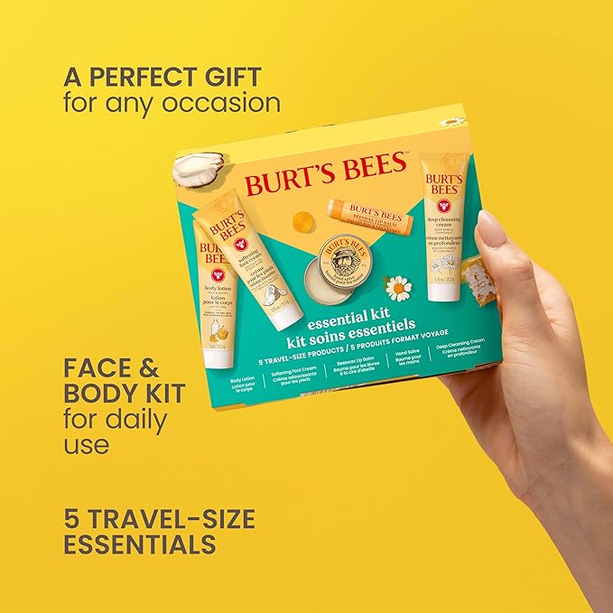 Burt's Bees Back to School Gift Ideas - Essentials Everyday Set, 5 Travel Size Products - Deep Cleansing Cream, Hand Salve, Body Lotion, Foot Cream and Original Lip Balm