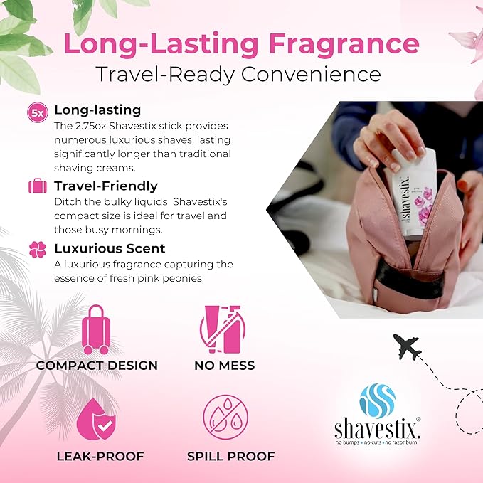 Shavestix Travel Size Shave Stick 2.75 Oz | Pink Peonies Scented Shaving Stick Gel Bar | Hair Removal Shaving Cream for Women | Avert Razor Bumps, Burn