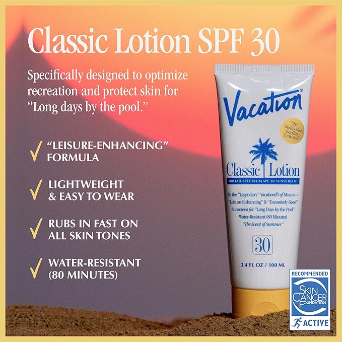 Vacation Classic Sunscreen Lotion SPF 30, Water-Resistant, Lightweight, Transparent on All Skin Tones, Dermatologist-Tested, Vegan, Travel Size, 3.4 Fl. Oz. (Value Pack of 3)