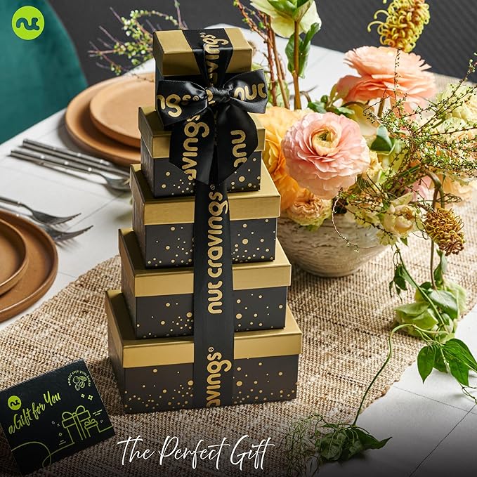 NUT CRAVINGS - Diwali Chocolate Covered Pretzels & Caramel Popcorn Gift Basket, in Black Tower + Ribbon (8 Assortments) Food Arrangement, Healthy Snack Care Package, Food Assortments