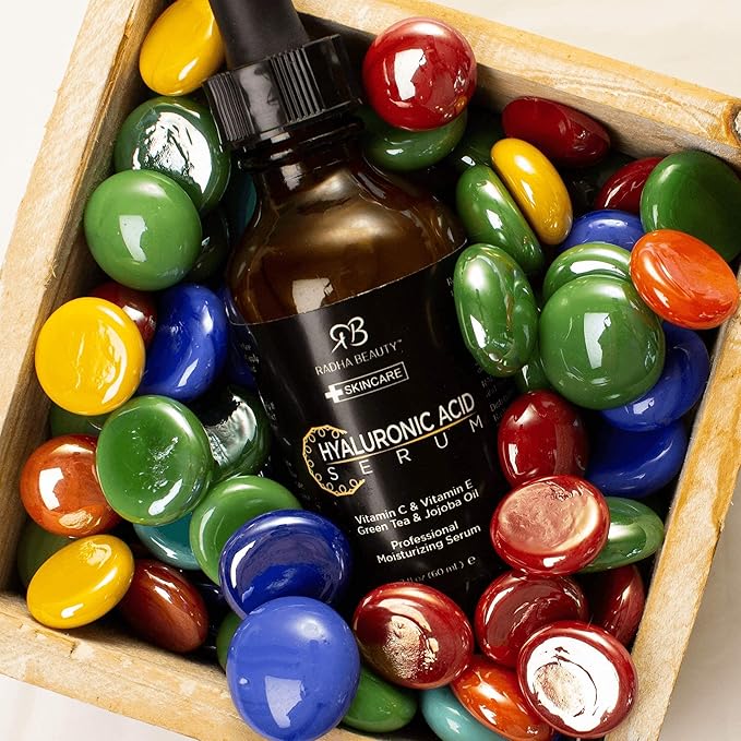 Radha Beauty Hyaluronic Acid Serum for Skin, 2 fl. oz - Infused with Vitamin C, Vitamin E, Green Tea & Jojoba Oil, Intensive Moisture and Hydration for Anti-Aging, Wrinkles, and Fine Lines