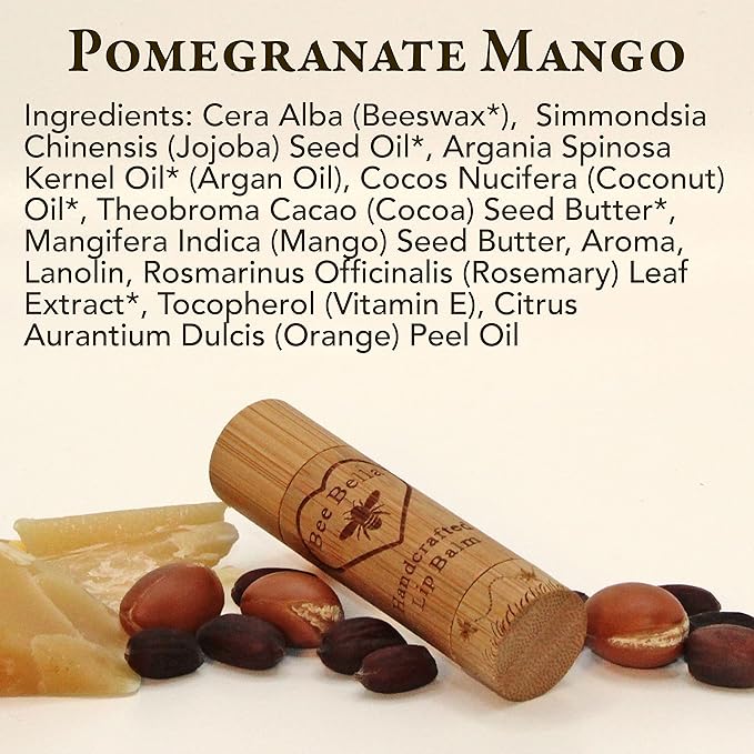 Bee Bella Lip Balm, Pomegranate Mango, 3 Pack - Moisturizing Lip Care, 100% Natural, Original Organic Beeswax with Vitamin E, Handmade in USA