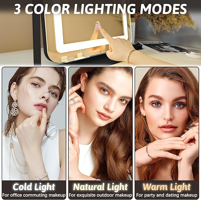 FENNIO Vanity Mirror with Lights 19"x22" - LED Lighted Makeup Mirror,Large Makeup Mirror with Lights,Touch Screen with 3-Color Lighting,Led Mirror Makeup,Dimmable, for Vanity Desk Tabletop, Bedroom