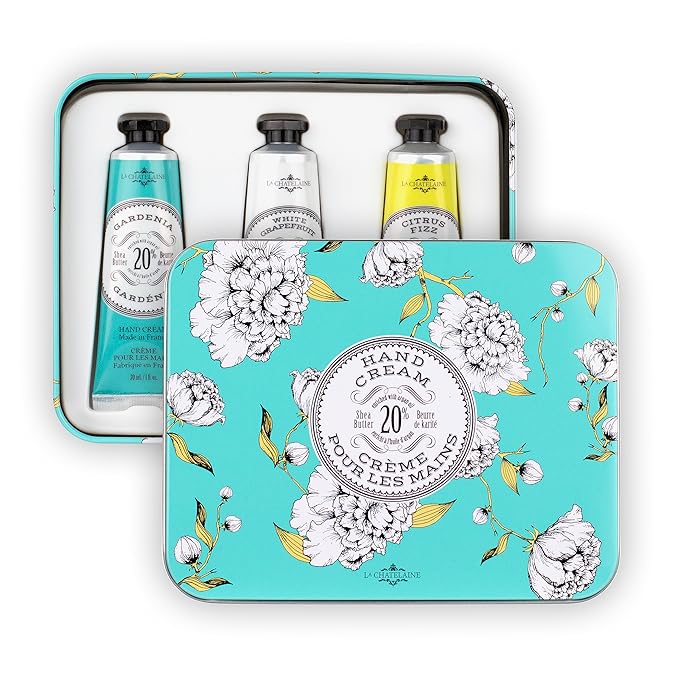 La Chatelaine Hand Cream Trio Tin Gift Set, Natural Hand Lotion, Made in France with 20% Organic Shea Butter, Moisturizing (Gardenia, White Grapefruit, Citrus Fizz) 3 x 1 fl.