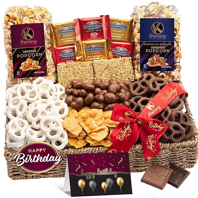 KREMERY Creamy Chocolate Cravings - Happy Birthday Treats, Chocolate Covered Pretzels & Caramel Popcorn Gift Basket, in Seagrass Tray + Ribbon & Greeting Card (Deluxe, 3.5 lbs) Food Assortments USA Made