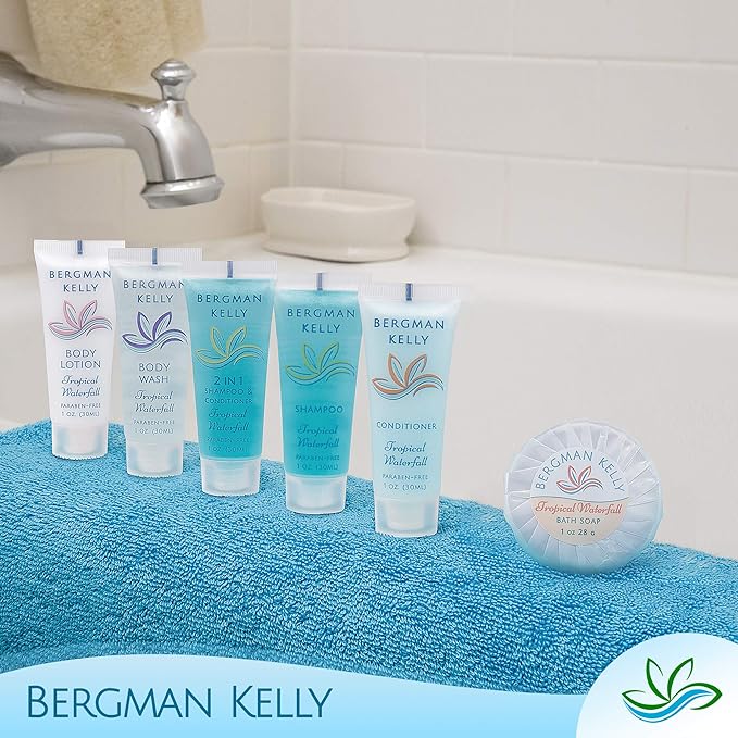 BERGMAN KELLY Hotel Toiletries Bundle (Tropical Waterfall, 1 oz each, 100 Pieces) 4-Piece Set: 25 Round Bar Soap, 25 Shampoo, 25 Conditioner & 25 Body Lotion - Bulk Mini Guest Amenities Supply