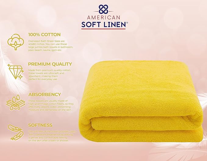 American Soft Linen Oversized Bath Sheet 40x80 Extra Large for Bathroom, 600 GSM 100% Cotton Turkish Jumbo Bathsheet Towels for Adults, Yellow Bath Sheet