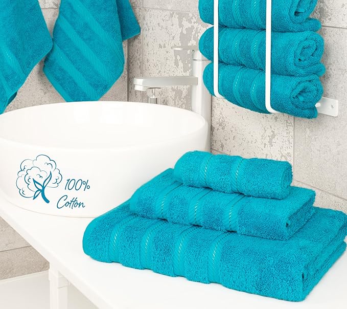 American Soft Linen Premium 3 Piece Towel Set, 1 Bath Towel 1 Hand Towel 1 Washcloth, 600 GSM 100% Cotton Turkish Towels for Bathroom, Aqua Blue Towel Set
