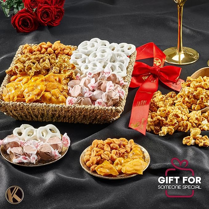 KREMERY Creamy Chocolate Cravings - Chocolate Covered Pretzels & Caramel Popcorn Gift Basket, in Seagrass Tray + Ribbon (Classic, 1.5 lbs) Food Arrangement, Food Assortments USA Made