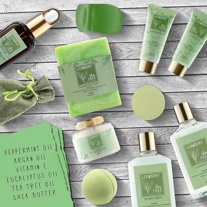 Tea Tree Bath Set - Luxury Home Spa Set with Calming Mint Fragrance – 15 pc Relaxation Gift Basket with Tea Tree Bath Oil,Shower Gel, Bubble Bath, Handmade Soap, Steamer Tablet, Potpourri & More