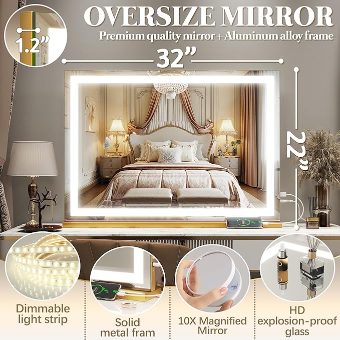 FENNIO Vanity Mirror with Lights 32"x22", Lighted Makeup Mirror, Large Vanity Mirror, Touch Sensor with 3-Color Lighting, 10X Magnification and USB Charging Port for Vanity Desk（Square Gold）