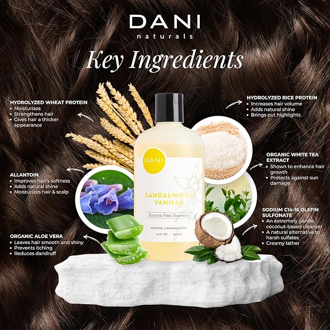 DANI Naturals Shampoo with Sandalwood Vanilla Scent promotes hair thickening, strengthens follicles, and supports hair re-growth. Sulfate-free, nourishing, and soothing