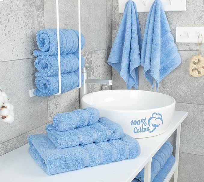 American Soft Linen Luxury 6 Piece Towel Set, 2 Bath Towels 2 Hand Towel 2 Washcloths, 600 GSM 100% Cotton Turkish Towels for Bathroom, Sky Blue Towel Sets