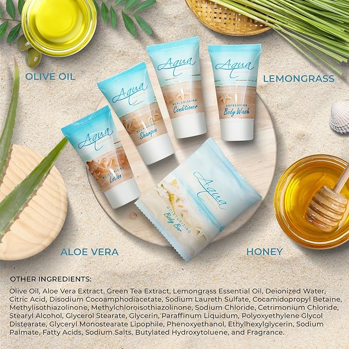 Aqua Organics Hotel Soaps and Toiletries Bulk Set | 1oz Hotel Shampoo & Conditioner, Body Wash, Body Lotion & 1oz Bar Soap Travel Size | 300 Pieces