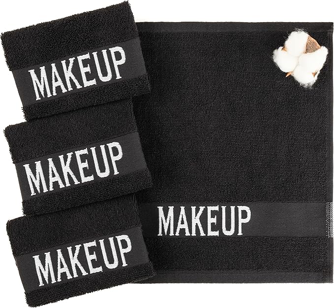American Soft Linen, Makeup Remover Face Cloth, 100% Cotton Makeup Towels, 4 Packed Face Towels, 12x12 inches, Black