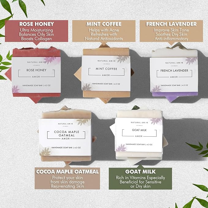 Natural Amor All Natural Bar Soap Set (5 Pack), Shea Butter Enriched, Gentle Bar for All Skin Type, Essential Oils Scented, Handmade Soap Gift Set For Women & Men
