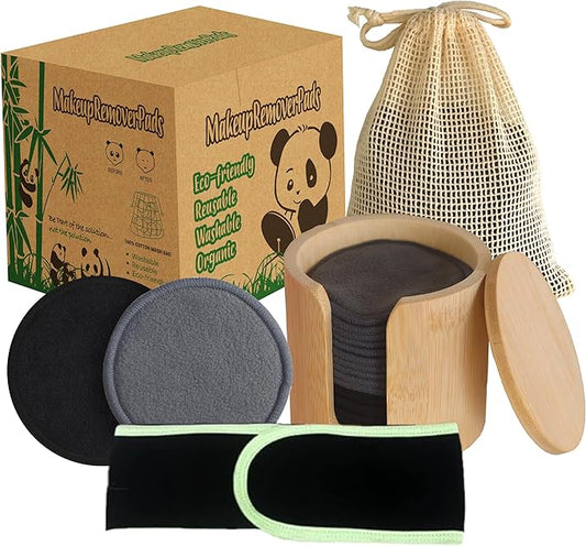 Reusable Bamboo Makeup Remover Pads | 20Pcs Natural Bamboo Reusable Cotton Rounds Makeup Removal Pad| Soft Makeup Remover Set with Bamboo Holder Laundry Bag Headband, Black and Gray