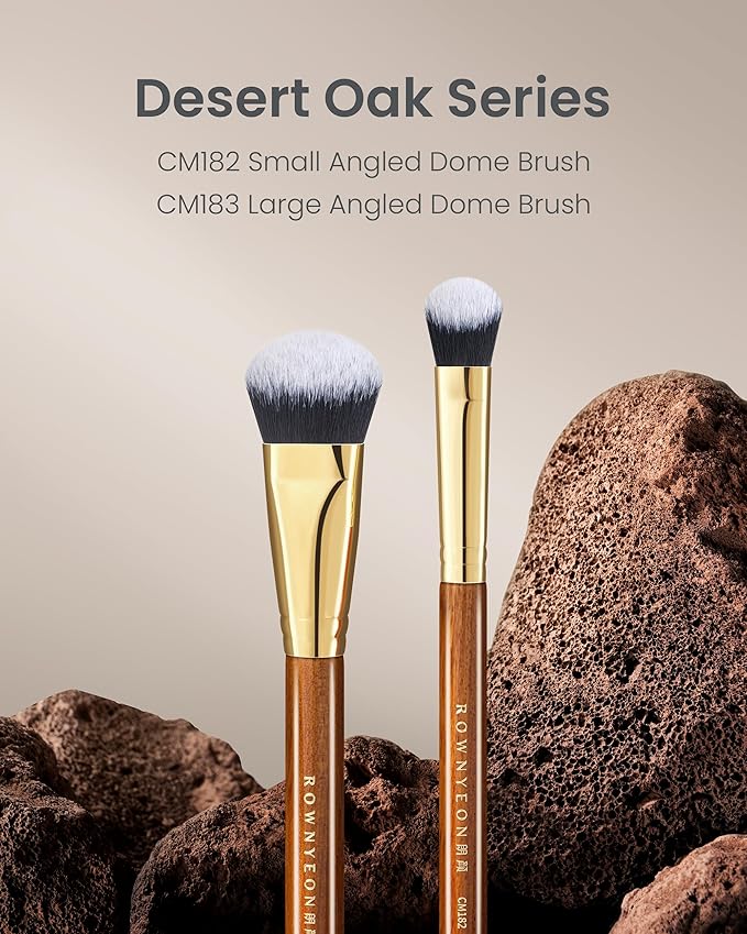 Desert Oak Series Cream Cheek Duo Brush Set - CM 182 Precision Highlighter & CM 183 Angled Blush Brush for Cream/Liquid Products, Bubinga Handle & Brass Ferrule
