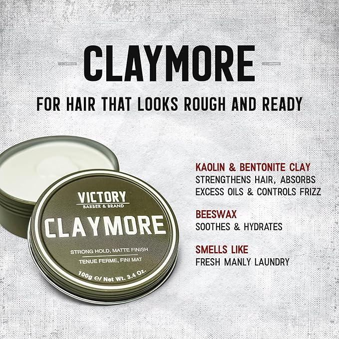Victory Barber & Brand Claymore Men's Strong Hold Matte Finish Clay Pomade | Made in the USA for the Rough and the Ready