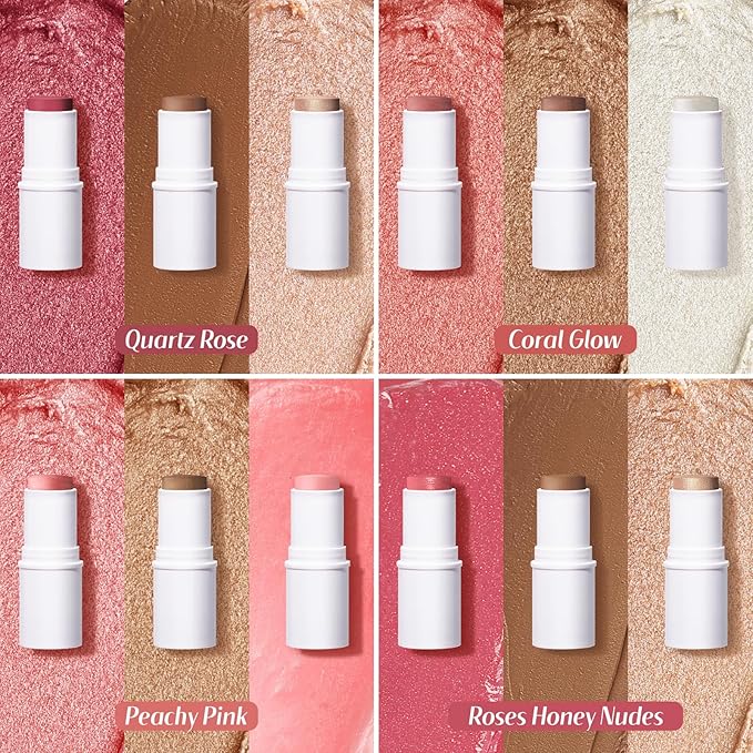 KIMUSE Multi Stick Trio Face Makeup, Cream Blush Stick for Cheeks & Lips, Contour Stick & Highlighter Makeup Sticks for All Skin