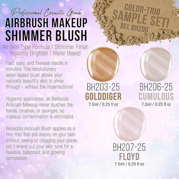 Belloccio's Professional Flawless Airbrush Makeup Shimmer Shade Set (Trio Set) in 1/4 oz. Bottles (NEW FORMULA)