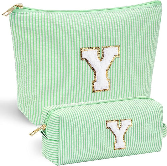 YOOLIFE Travel Makeup Bag Cosmetic Bag - Make Up Bag with Makeup Brush Bag Monogram Makeup Pouch Bag 2 Pieces Cute Makeup Bag Personalized Gifts Best Friend Birthday Gifts for Women Letter Y