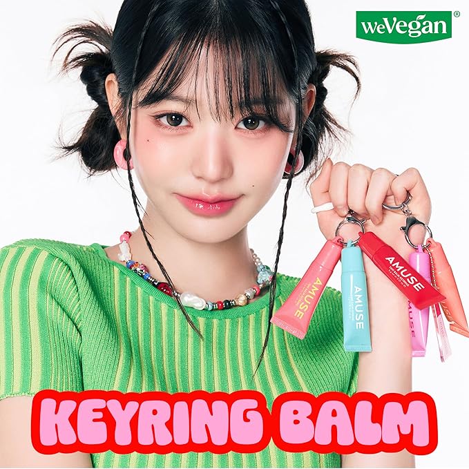 Amuse SEOUL Care Tint Lip Balm Keyring (02 Happy Girl) | Hydrating Lip Balm + Keychain, Rice Extract & Multi-Peptide Complex, Clear Glossy Finish | 0.21 oz