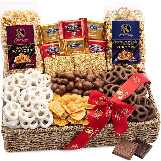 KREMERY Creamy Chocolate Cravings - Chocolate Covered Pretzels & Caramel Popcorn Gift Basket, in Seagrass Tray + Ribbon (Deluxe, 3.5 lbs) Food Arrangement, Food Assortments USA Made