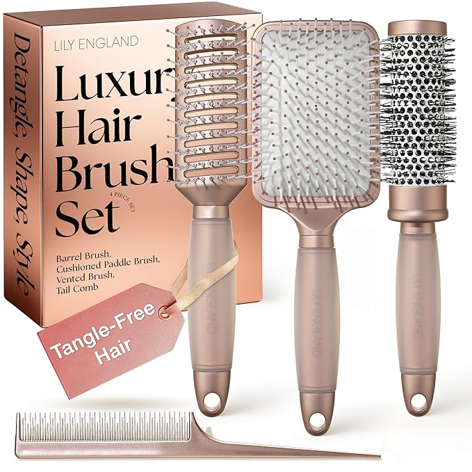 Luxury Hair Brush Gift Set for Women & Girls - Lily England 4-Piece Professional Styling Collection - Premium Ladies Gift Set | Elegant Gifts for Women for All Hair Types - Matte Rose Gold
