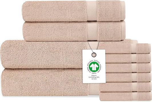 Delara Organic Cotton Luxuriously Plush Bath Towel 10 Piece Set|GOTS & Oeko-TEX Certified|Premium Hotel Quality Towels|Feather Touch Technology|650 GSM Long Staple|Soft, Quick Dry & Ultra-Absorbent