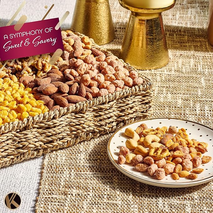 KREMERY Gourmet Nut Gift Basket - Mixed Nuts Gift Basket in Seagrass Tray with Ribbon (8 Assortments) Healthy Snack Care Package, Food Assortments