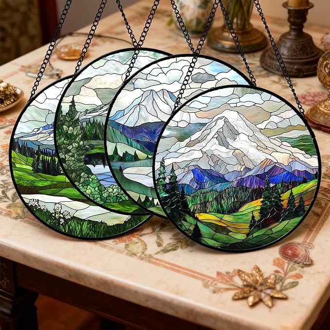 Stained Glass Window Hanging 4 Pcs Set Mountains Lake Green White Landscape Large 15" - Suncatcher Door Garden Sun Catcher Decor Birthday Christmas for Mom Woman Nana Men
