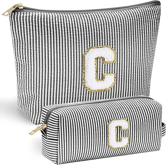 YOOLIFE Initial Personalized Preppy Makeup Bag - Monogrammed Birthday Gift for Women & Girls - Mother's Day Gift - Black