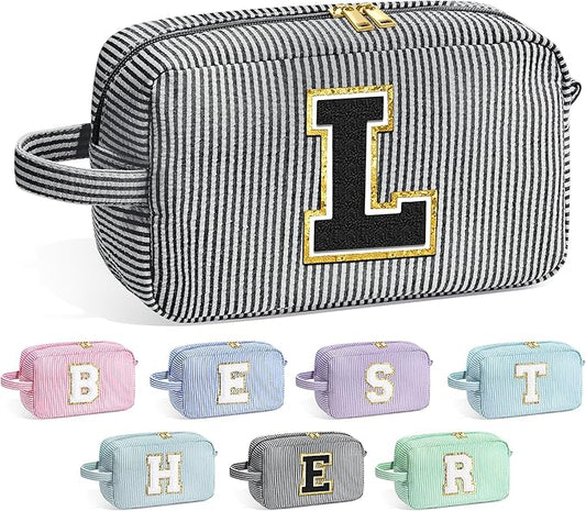 YOOLIFE Monogram Initial Makeup Bags - Personalized Black Cosmetic Case for Women & Teens