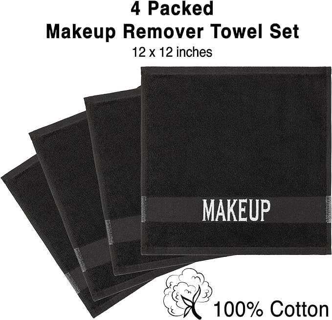 American Soft Linen, Makeup Remover Face Cloth, 100% Cotton Makeup Towels, 4 Packed Face Towels, 12x12 inches, Black