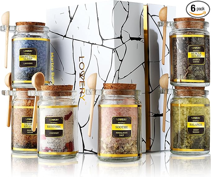 Bath Salts Gift Set with Lavender, Arabica Coffee, Mango, Sugar, Himalayan & Coconut, 6pc Bath Soaks, Relaxing Spa Salt with Essential Oils, Vitamin E, Jojoba Oil, Shea Butter, Fresh Herbs