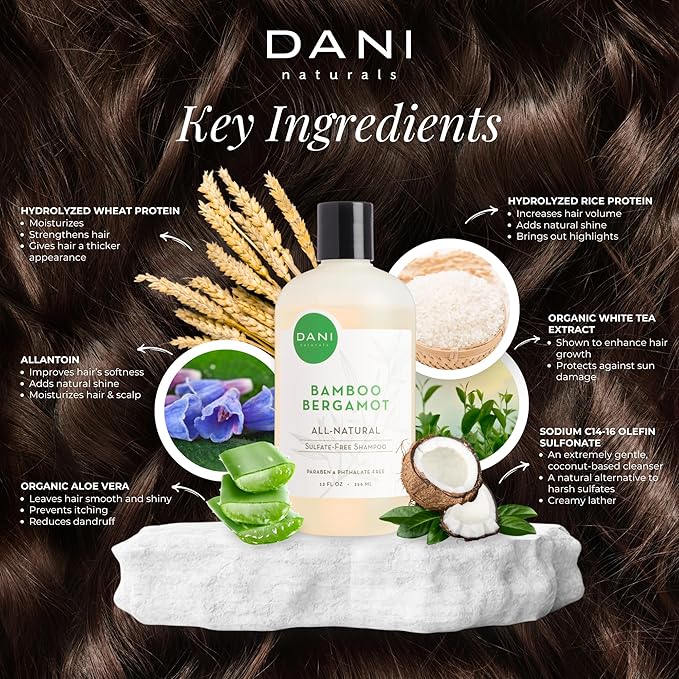 DANI Naturals Shampoo - Bamboo Bergamot is a sulfate-free, vegan, and organic shampoo that deeply hydrates and nourishes dry and curly hair, leaving it soft, smooth, and manageable.