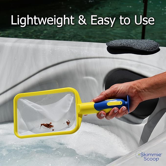 The Skimmie Scoop - Patented Handheld Skimmer with Fine Mesh Net for Spa, Hot Tub, Cold Plunge and Small Pool Cleaning - Lightweight and Durable with Powerful Suction Cup - Clean Out Filter (Yellow)