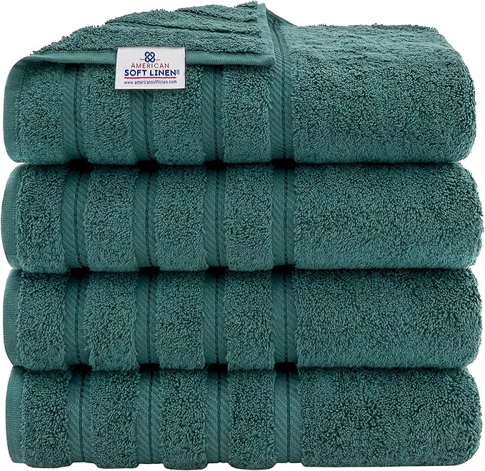 American Soft Linen Luxury 4 Piece Bath Towel Set, 600 GSM 100% Cotton Turkish Bath Towels for Bathroom, 27x54 in Extra Large Bathroom Shower Towels, Teal