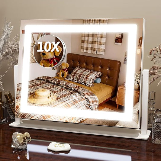 FENNIO Vanity Mirror with Lights, 12" x 16" Lighted Makeup Mirror with Smart Touch Control, 3 Color Modes & Brightness Adjustable, LED Makeup Mirror with 10X Magnification, 360° Rotation for Bedroom