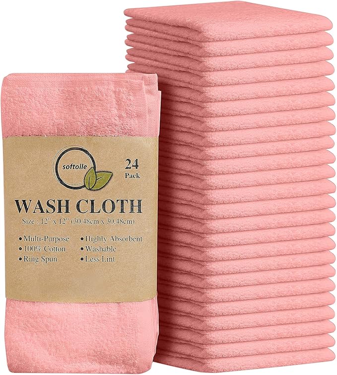 Softolle 100% Cotton Washcloths 24 Pack (12x12 Inches) Soft, Highly Absorbent Washcloth, Face Towels, Wash Cloths for Face, Ring Spun, Bulk Pack (Pink)