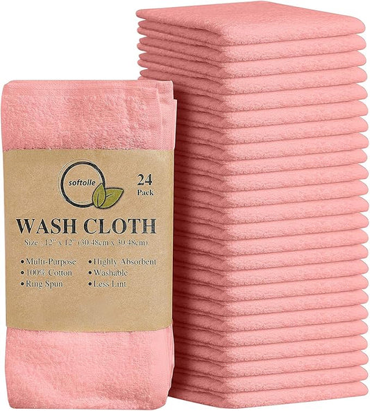 Softolle 100% Cotton Washcloths 24 Pack (12x12 Inches) Soft, Highly Absorbent Washcloth, Face Towels, Wash Cloths for Face, Ring Spun, Bulk Pack (Pink)